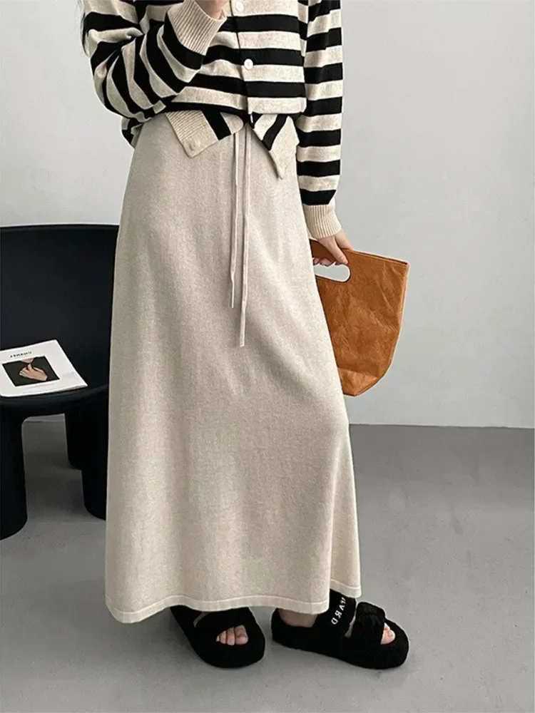 Loose Knitted Long Skirts for Women Retro Fashion Drawstring High Waist Skirts Autumn New Black Vintage A-line Skirts for Woman