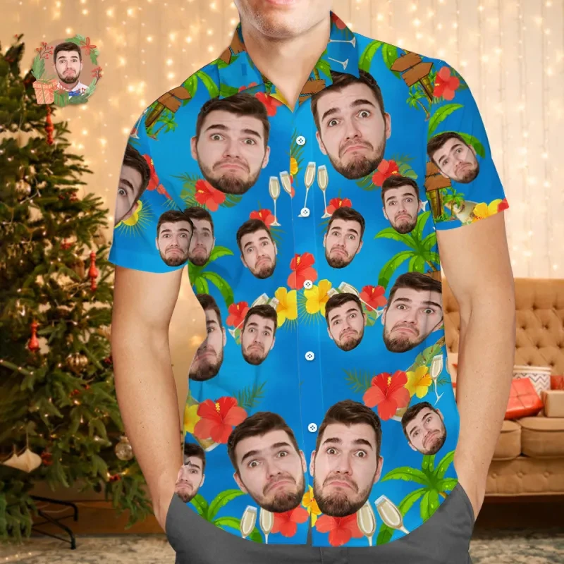 

Personalized Face Party Hawaiian Shirt Customized Photo Print Blue Cocktail And Hibiscus Pattern Aloha Shirt Button Up Blouses