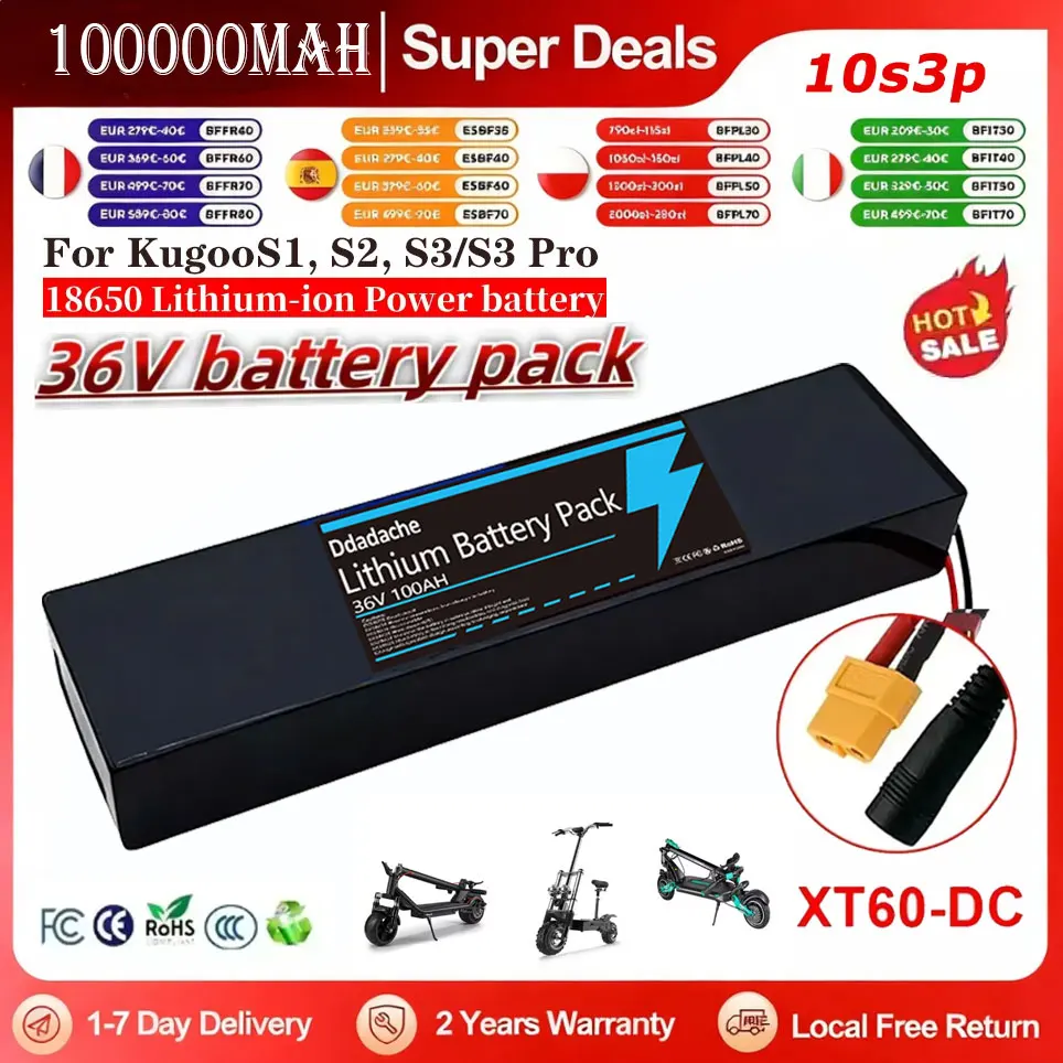 Batterie lithium-ion rechargeable 10S3P 36V 100000mAh 18650, 500W, BMS intégré, adaptée aux scooters électriques KUGOO S1, S2, S3