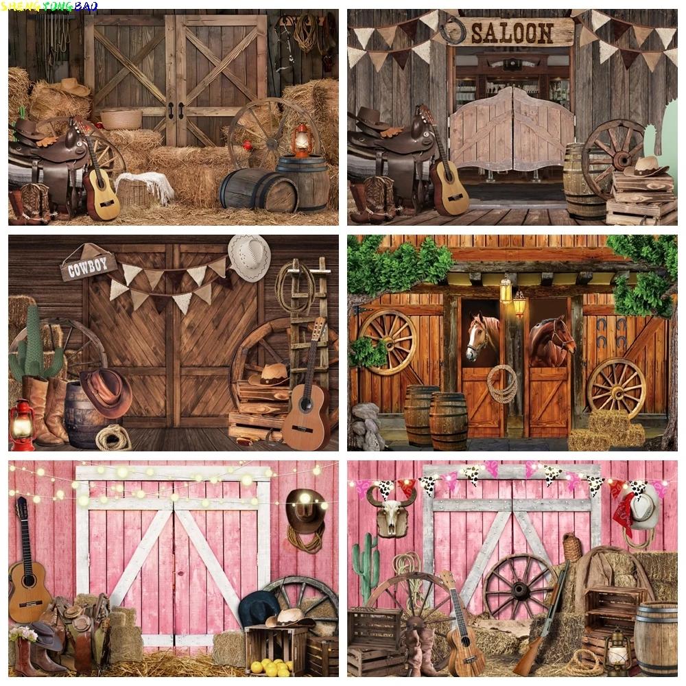 

Western Cowboy Barn Backdrop Photography Wild West Cowgirl Rustic Farm Wood House Kids Baby Birthday Party Photo Background Prop