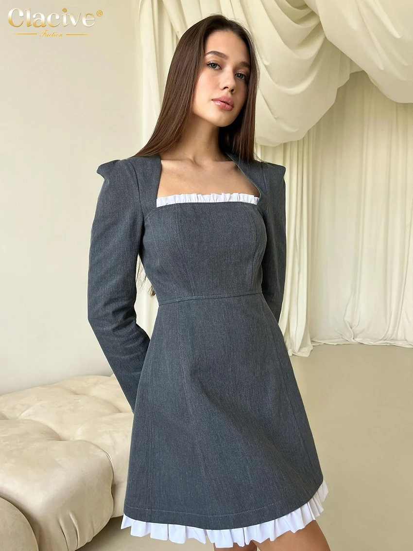 

Clacive Fashion Loose Gray Office Women Dress 2025 Casual Square Collar Long Sleeve Mini Dresses Elegant Patchwork Female Dress