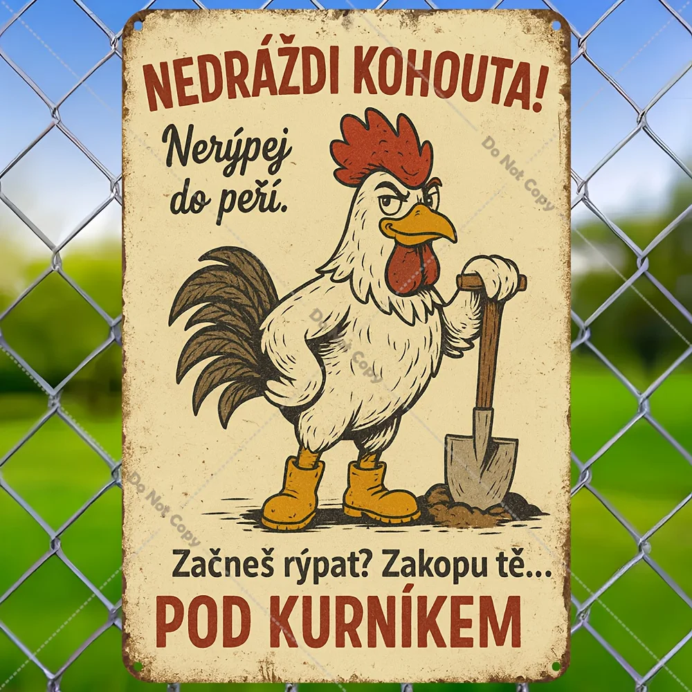 Plaque Métallique Vintage Tchèque en Aluminium 7.87x11.81 Pouces, Motif Optimiste 'Chicken Shovel' 2D Plat, Décoration Murale pour Café, Bar, Garage, Maison