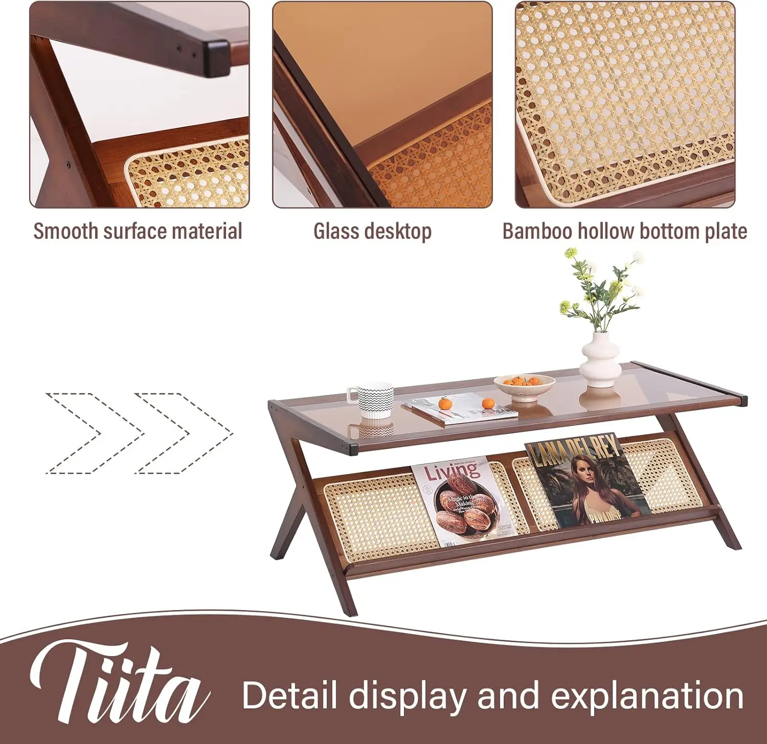 Tiita Rattan Coffee Table, Bamboo Accent Bedside Tables, Glass Nightstand Side Table, Boho Wooden End Table With Storage For