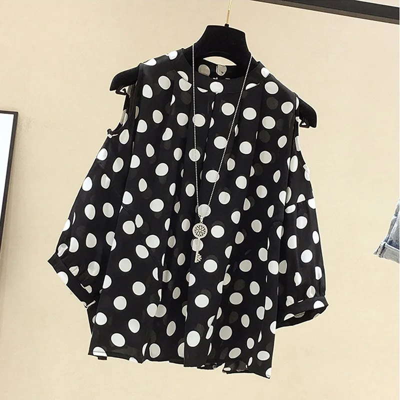 Black Polka Dot Vintage O-Neck Loose Off Shoulder Pullover Chiffon Women\'s Blouse Shirt Korean Fashion Female Clothing Tops 2024