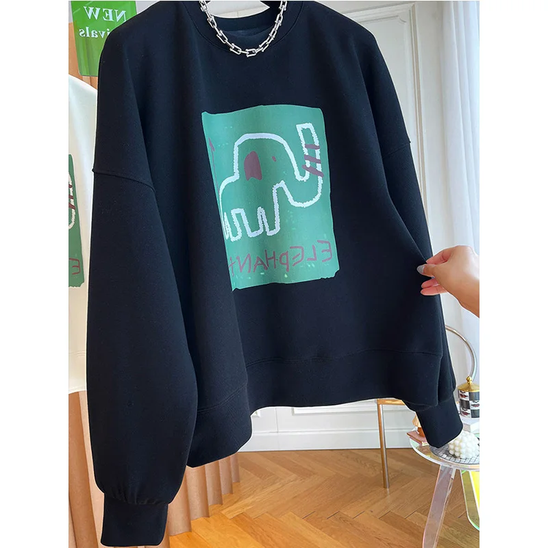 Korean O-neck Cartoon Pattern Sweatshirts Female Autumn Fashion Loose Top Tee Women Clothes New Casual Printing Long Sleeve Tops