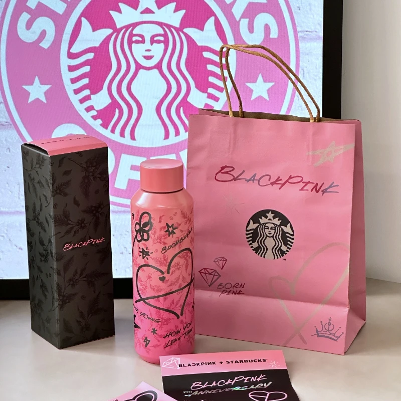 Vaso Térmico Blackpink x Starbucks de Acero Inoxidable, Botella de Agua Portátil y Moderna para Fans, Oficina, Escuela y Uso en Exteriores