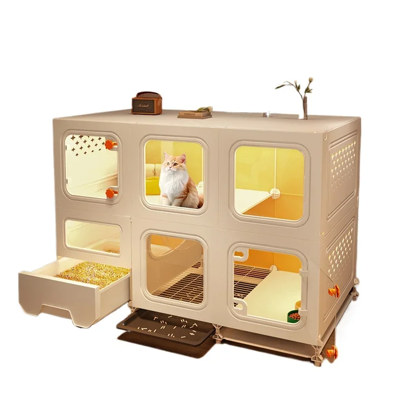 

cat villa household indoor with toilet integrated cat cabinet, one room, one bathroom and living room