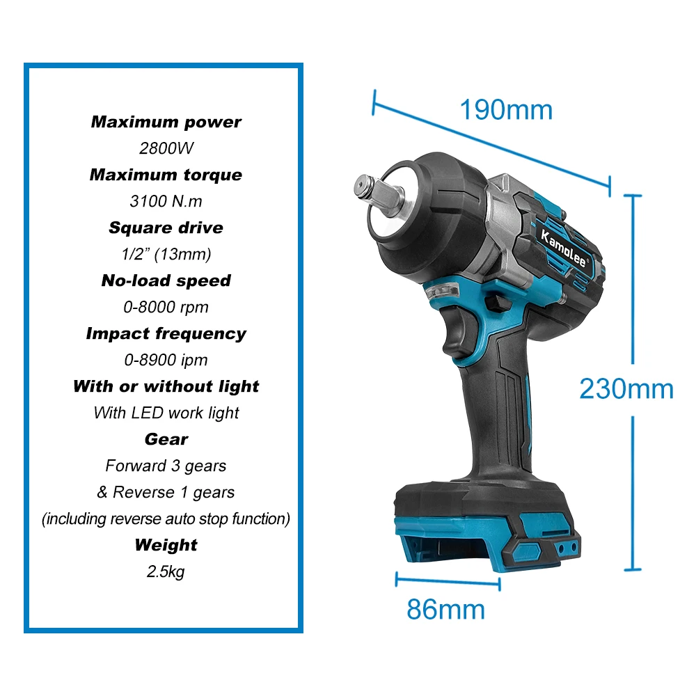 Kamolee 3100nm bürstenloser elektrischer Schraubens chl üssel Zoll Akku-Schlags ch rauber Handwerkzeug für Makita 18V Batterie