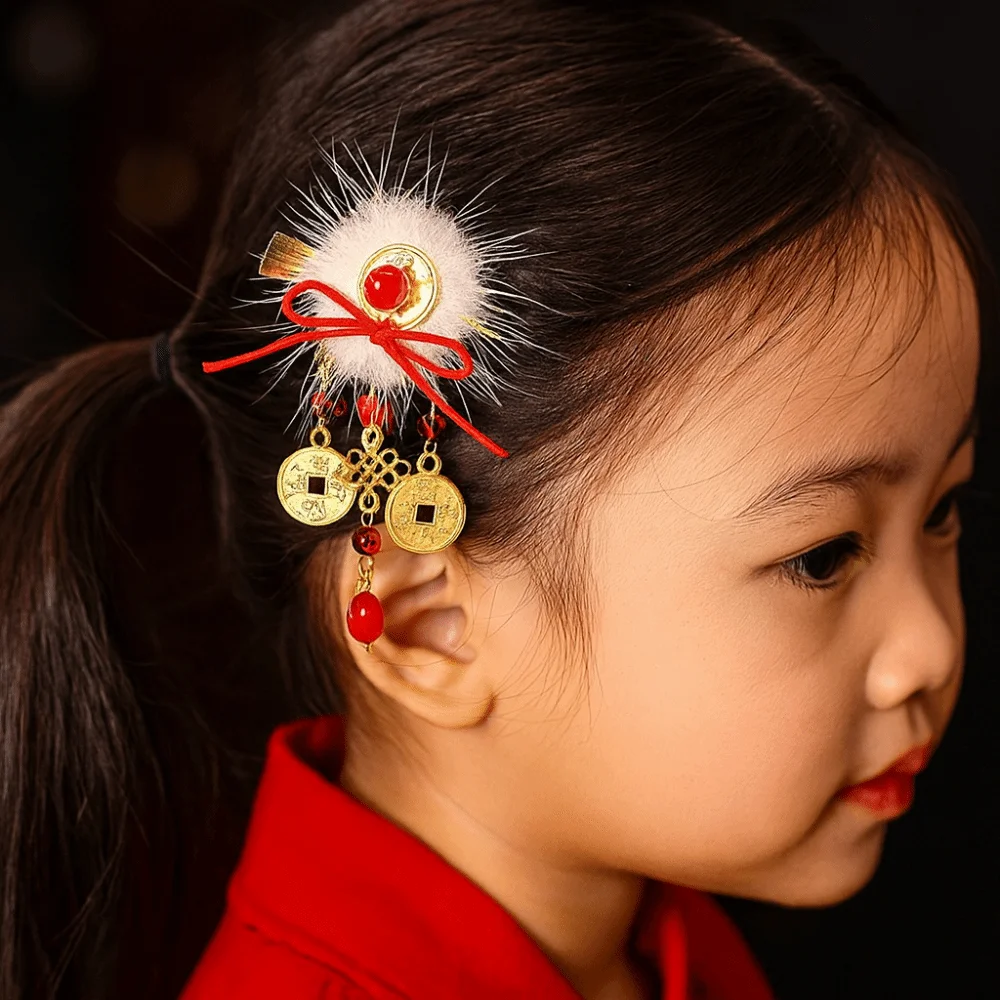 

Hanfu Headwear Children's New Year Hairpin Cute Sweet Chinese Style Red Barrettes Tang Suit Tassel Ancient Style Hair Clip