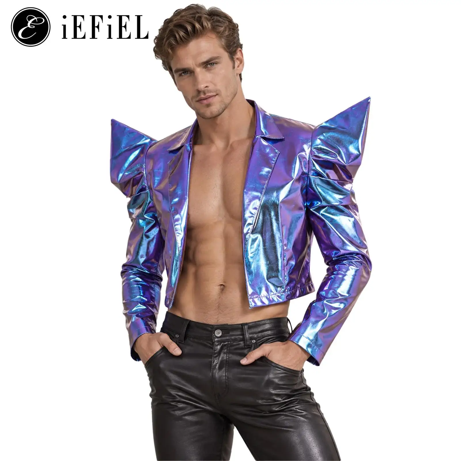 Men Alien Costume Gradient Color Cap Long Sleeve Open Front Short Jacket Gothic Armor Shrug Shoulder Wrap Cardigan Top for Party