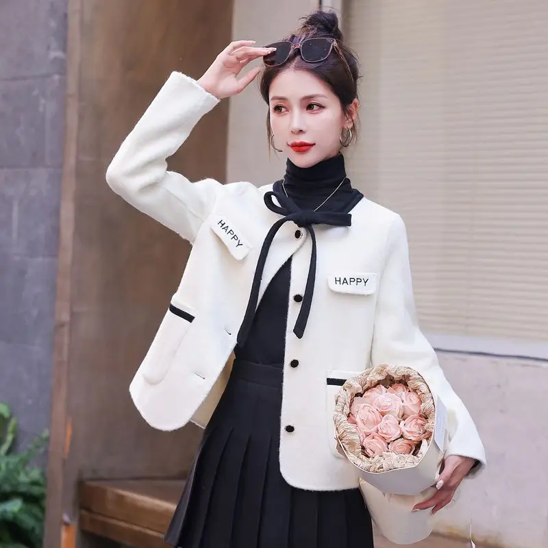 

Autumn Winter New Women Elegant Double-Sided Cashmere Coat Female Fashion Bowknot Short Casual Versatile Woolen Outerwear 2023