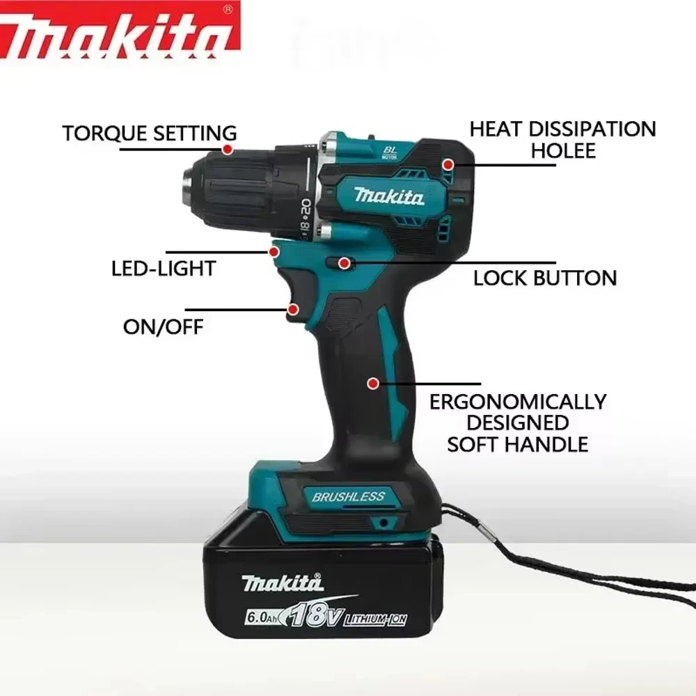 

Makita DDF487 13mm red and black brushless household 18V lithium-ion charging impact drill, high torque electric screwdriver