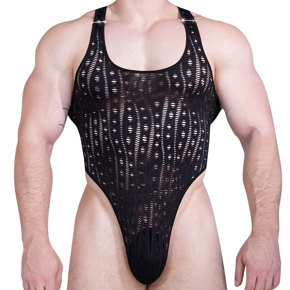 Sexy Men Lace Tank Top High Cut Bodysuit Oil Glossy Shiny Vest Sheer See Through Thong Maid Tights Elastic Tank Top Leotard