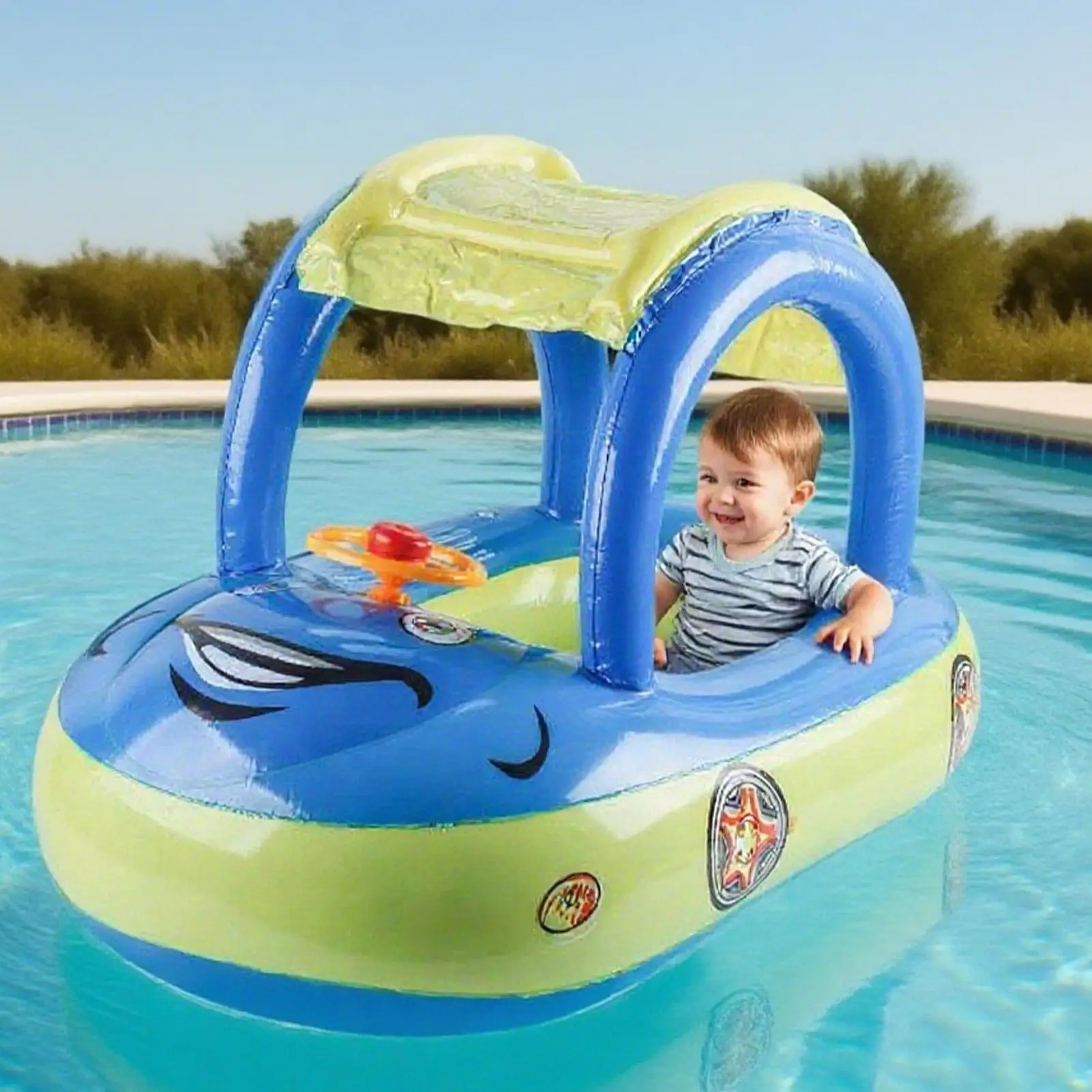 Peuterzwembadvlotter Zwembadvlotter voor kinderen Opblaasbare autovorm Luifel Flotation Trainer Speelgoed met zonnescherm voor zomerstrandmeer