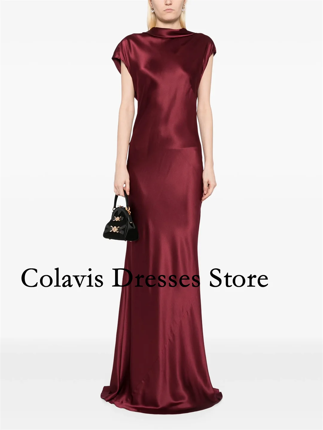 

2025 Customized High Neck Mermaid Wine Red Back;ess Satin Prom Dresses Evening Dress Women Evening Gowns Formal Party Dress