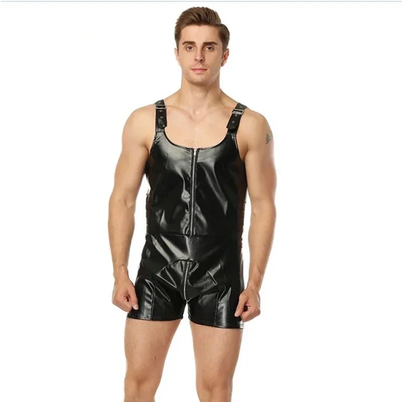 

Men's Sexy Black Faux Leather Playsuits Exotic Zip Open Crotch Jumpsuist Male Sleevess Stretch PU Bodycon Cargo Pants Clubwear