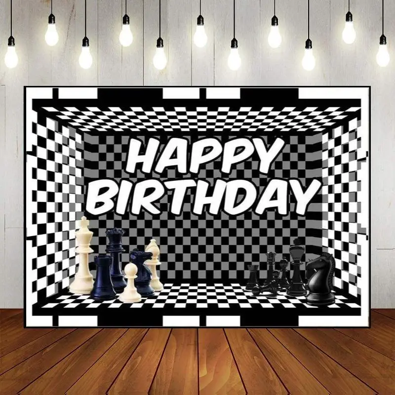 

Happy Birthday Chess Theme Decoration Party Wall Backdrop Photography Medieval Battle on Chessboard Custom Photo Background