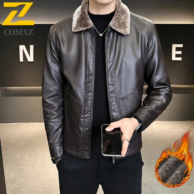 COMXZ الشتاء الرجال سترة جلدية مبطنة بالصوف الفاخرة المشي لمسافات طويلة معطف جلد دافئ الترفيه الأعمال ترتيب الأسرة طوق معطف تنوعا ق #3