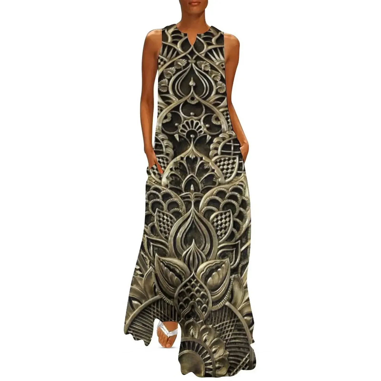 

Art deco,vintage,1920 era,the Great Gatsby,elegant,chic,gold,silver,bronze,pattern,trendy,modern,floral Long Dress