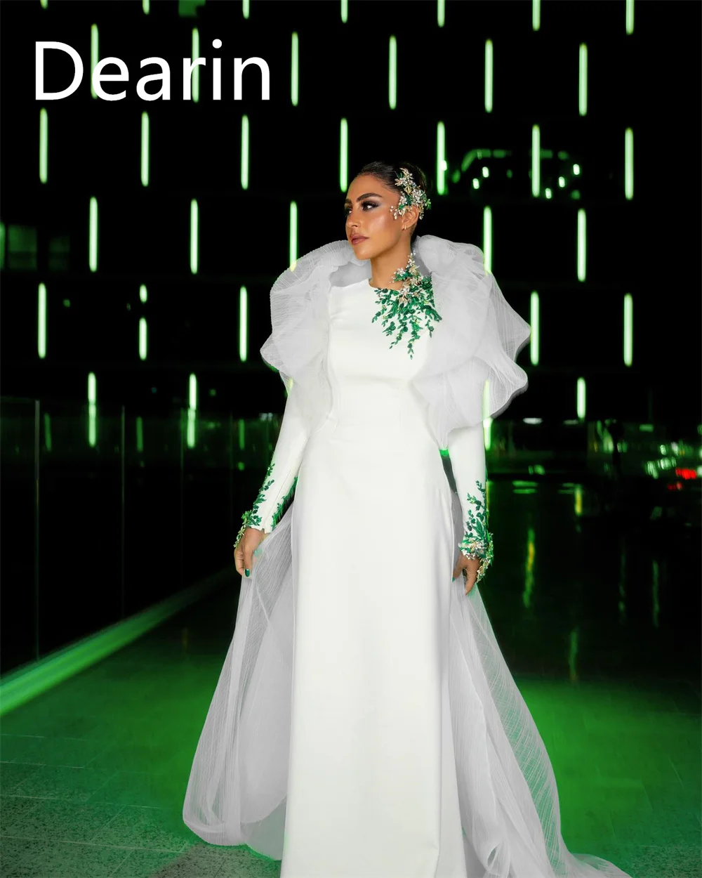 Dearin Jewel Coluna Vestido de noite, Saias até o chão, Bordado de tule, Vestidos Ocasião Bespoke, Vestido formal Arábia Saudita Prom