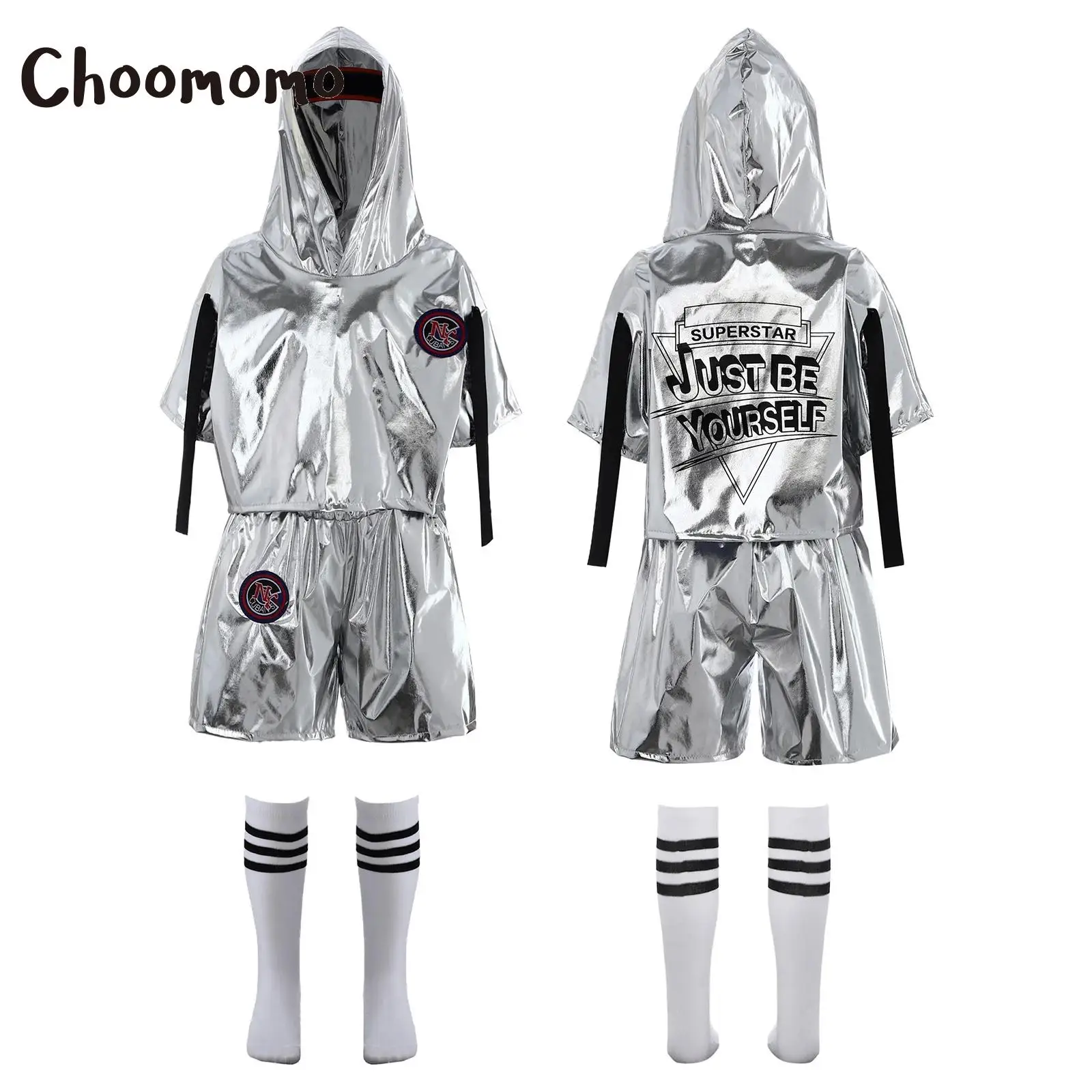 

Уличный хип-хоп для мальчиков и девочек, современный джазовый танцевальный наряд, металлический блестящий пуловер с капюшоном, топ с шортами, костюмы, носки, костюмы для скейтборда