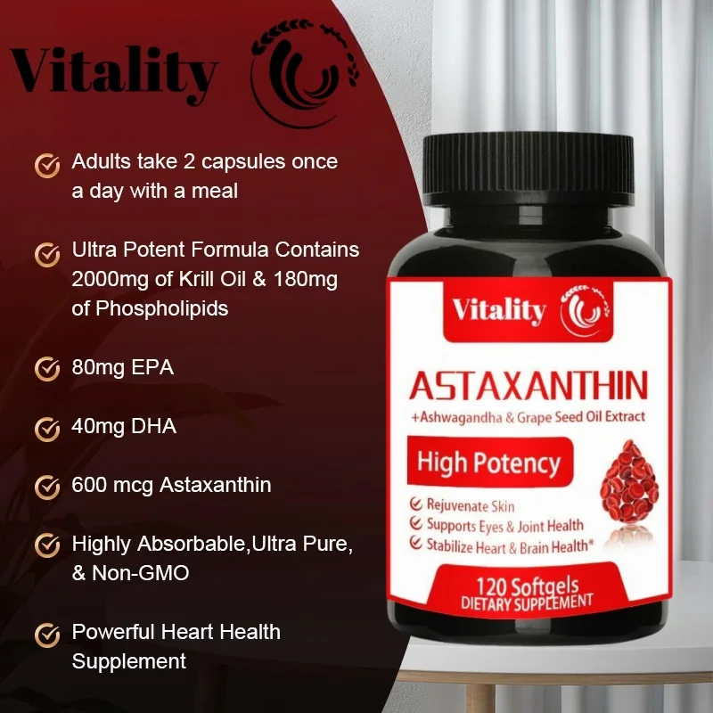 Vitality Krill Oil Phospholipid Omega-3 EPA & DHA Phospholipids and Astaxanthin for Joint Brain, Immune and Cardiac Support Diet