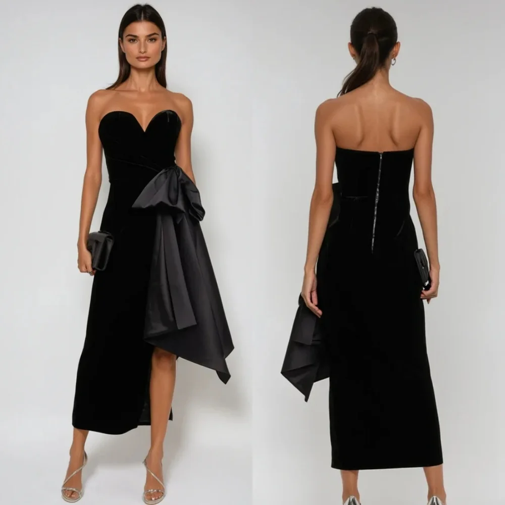 

Customized Modern Style Simple Jersey Ruched Pleat A-line Strapless Tea Length Dresses Bespoke Occasion Dresses Sizes Available