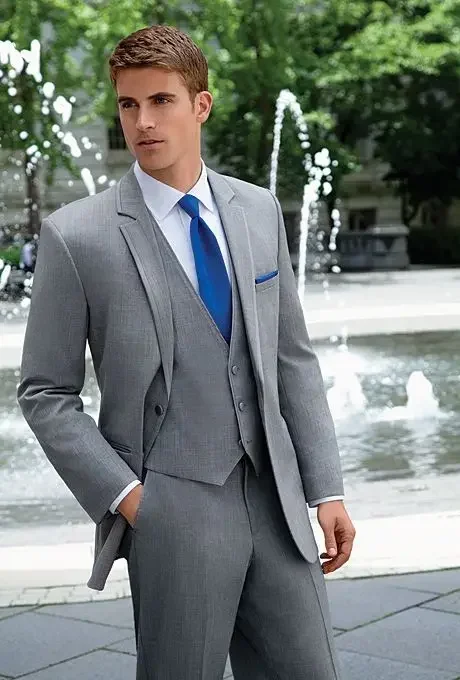 

2024 Grey Formal Wedding Suits For Men Smart Causal Blazer Set Slim Fit 3 Piece Classic Tuxedo Custom Gentle Groom Prom Men Suit