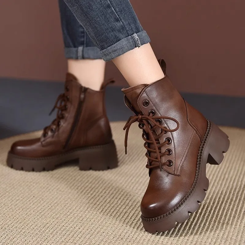 British style women's boots autumn new item thick sole thick heel 5.5cm high heels lace up boots round toe lace up women's boots