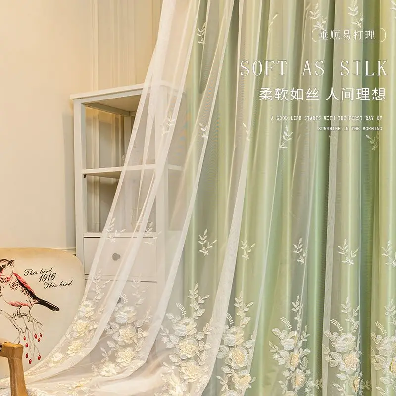 Luxury Embossed Double Layer Curtain with Valance Lace Embroidered Sheer & Blackout Drapes for Bedroom & Living Room Home Decor