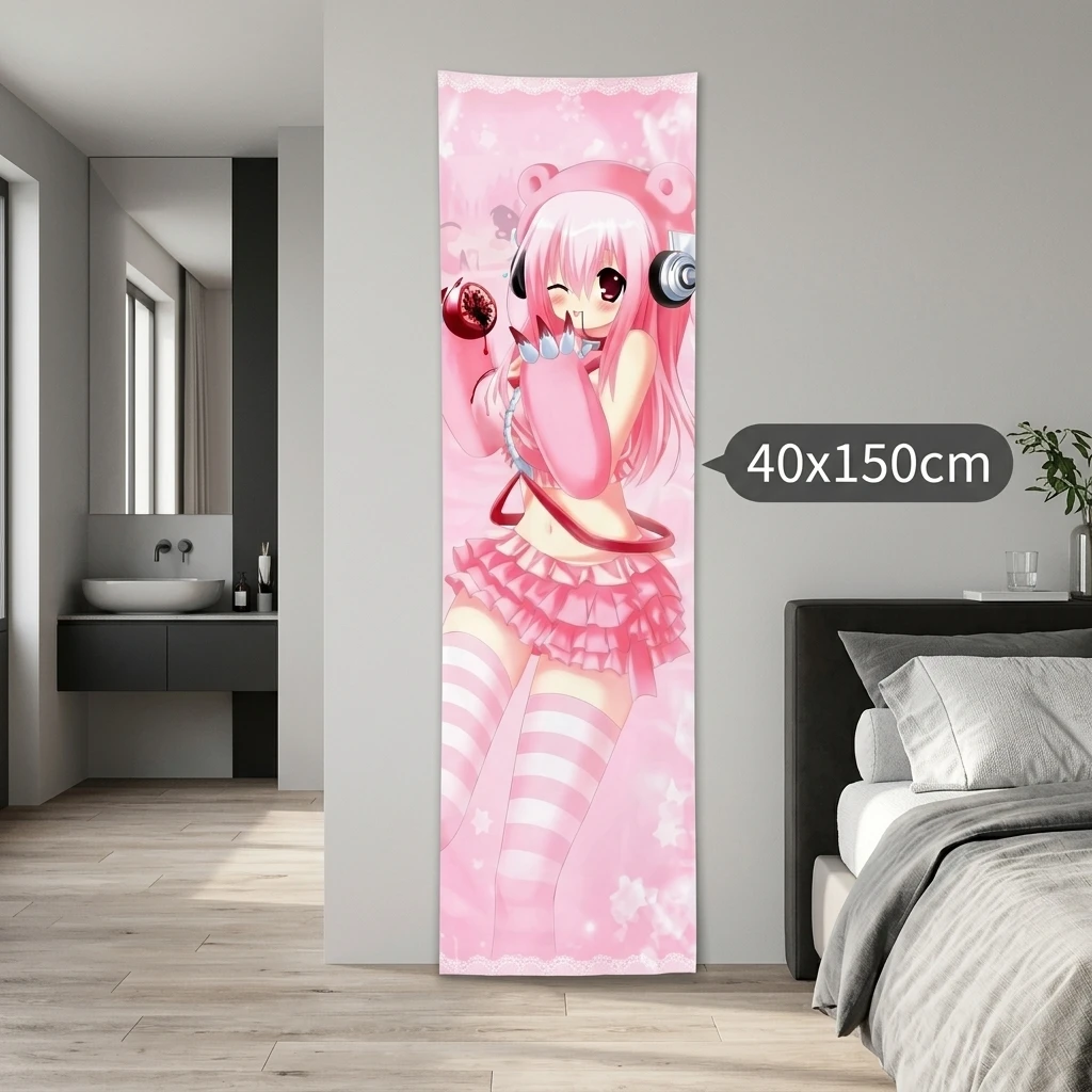 Anime Tapestry Wall Hanging Blanket, Super Sonico & Gloomy Bear Cute Pink Star Background Design, Otaku Wall Decor for Bedroom