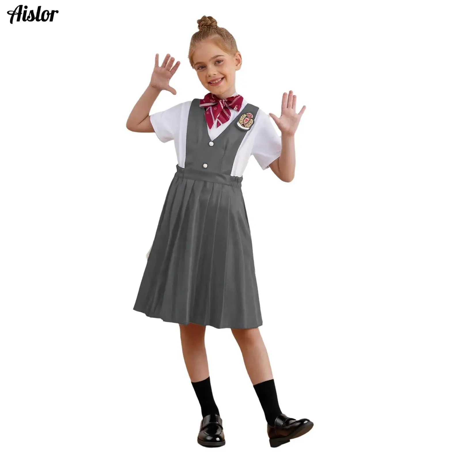 

Kids Girls School Uniform Dress Chorus Performance Outfit Long Sleeve Shirt+Sleeveless Pleated Overall Dress+Bowtie+Socks+Badge