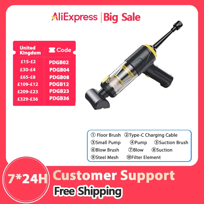 Wireless Vacuum Cleaner USB Chargin、 Blow、Suction、Pump、Inflate 4in1，1 Key to Pour Dust Cordless Portable Car Vacuum Cleaner