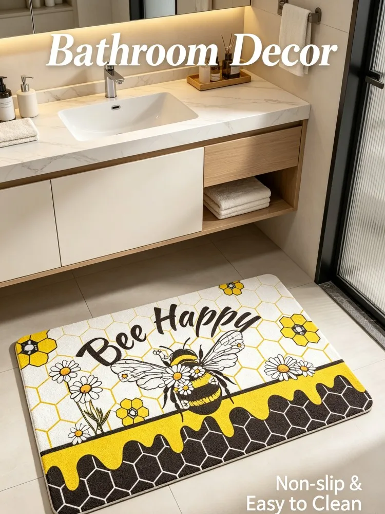 Bee Happy Honeycomb Daisy Bath Mat, Cute Bumblebee Print Water Absorbent Non Slip Floor Doormat for Bathroom Sink Shower Entranc