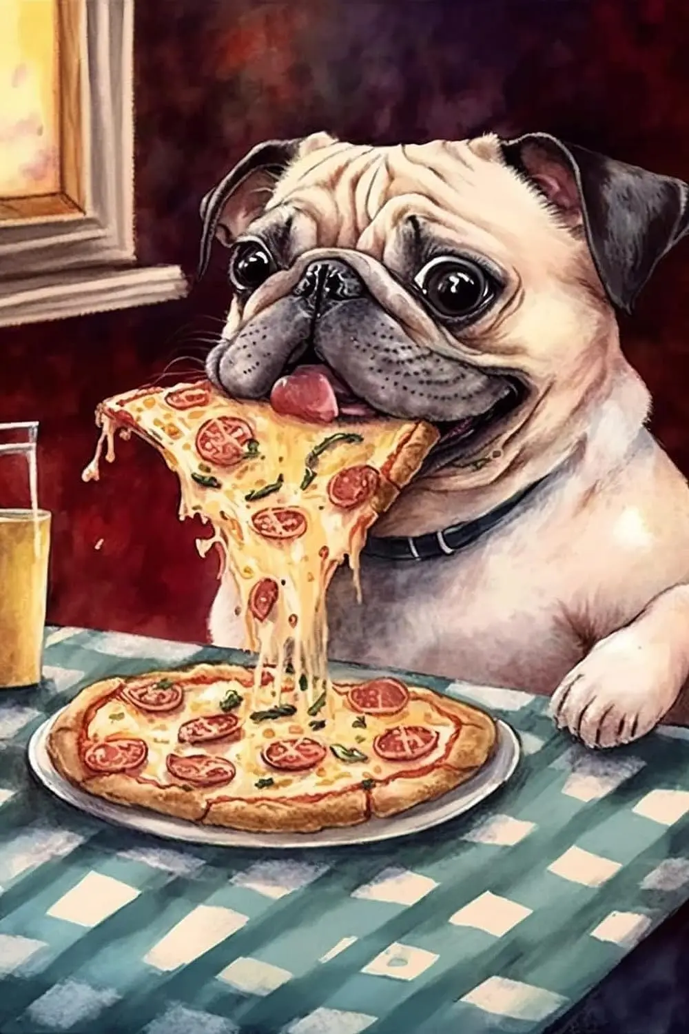 Image of Blechschild „Möpse Eating Pizza“ für Haus, Hof, Bauernhof, Garten, Garage, inspirierendes Zitat, Wanddekoration, Vintage-Blechschild, 20,3 x 30,5 cm