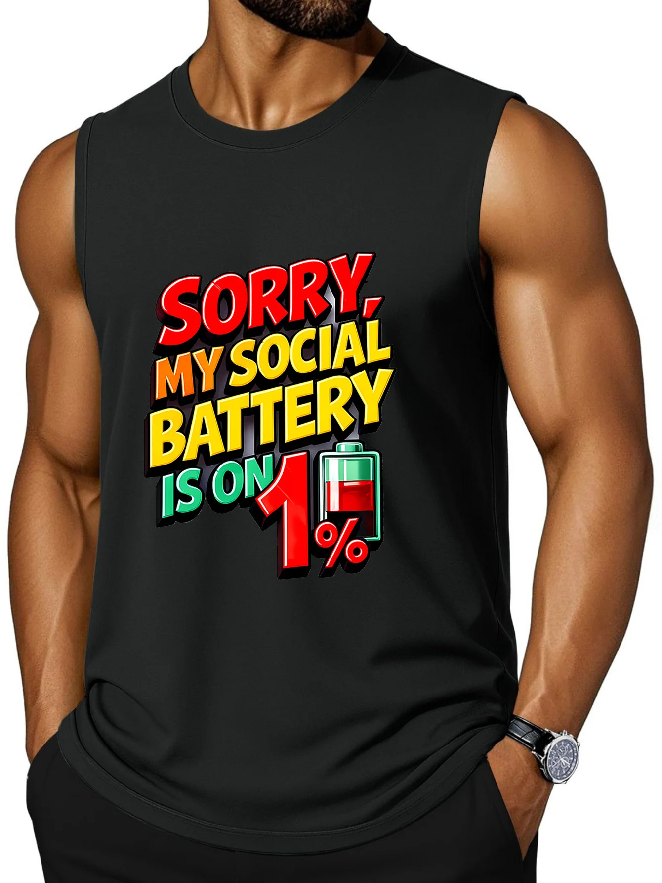CLOOCL My Social Battery Is Down To 1% Printed Vest Fashion Sports Vests Summer Men's Sleeveless T-Shirt Casual Top