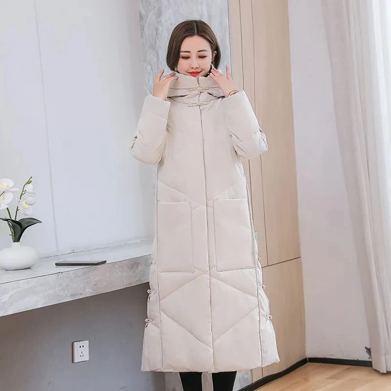 2023 Korean Jacket Women Winter X-long Parkas Solid Hooded Thicken Warm Female Snow Wear Coat Padded Loose Clothes