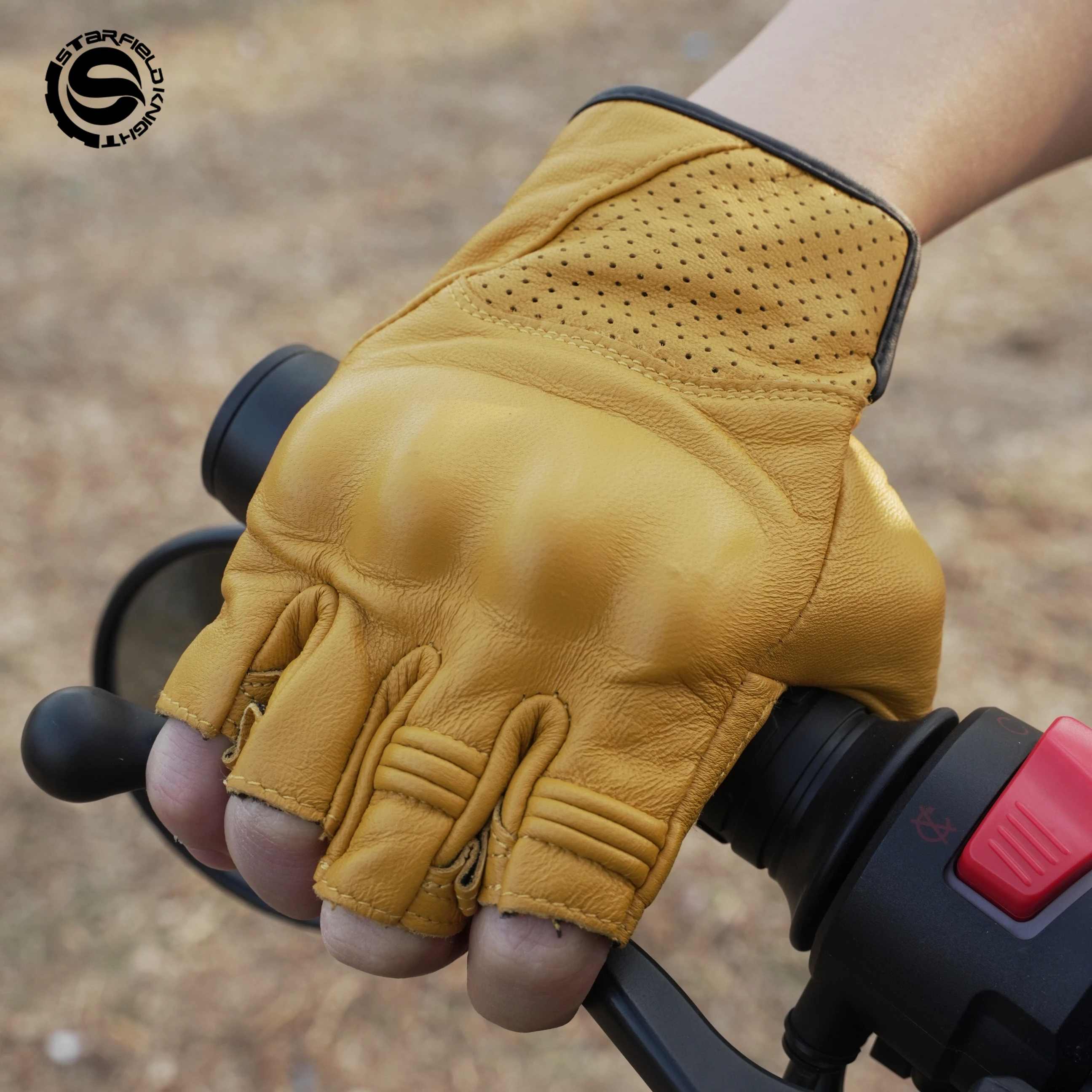 Star Field Knight Half Finger Motorcycle Gloves Summer Breathable Real Goat Leather Non-slip Wear-resistant Riding Equipment