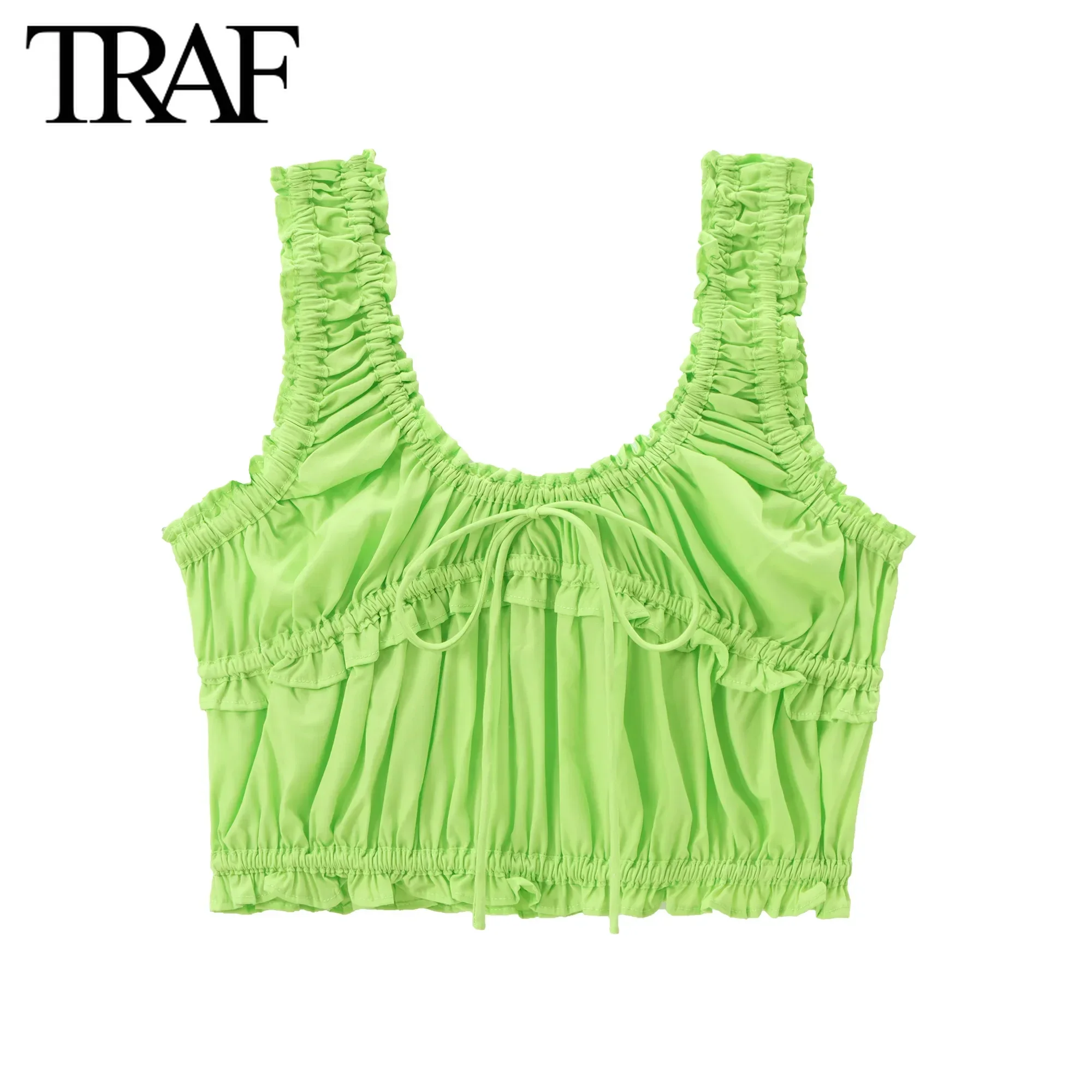 TRAF Women Fashion Summer New Pleated Ruffled Edge Lace Up Bow Poplin Top Blouse Street Clothing Vest Tank Chic Ladies Crop Tops