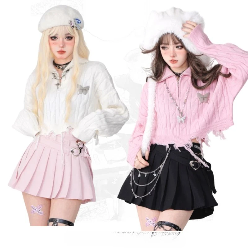 

Sweet Japanese Zipper Hoodie Knitted Sweater Kawaii Lolita Women Pullover Crop Tops Long Sleeve Trends Y2k Clothes Streetwear