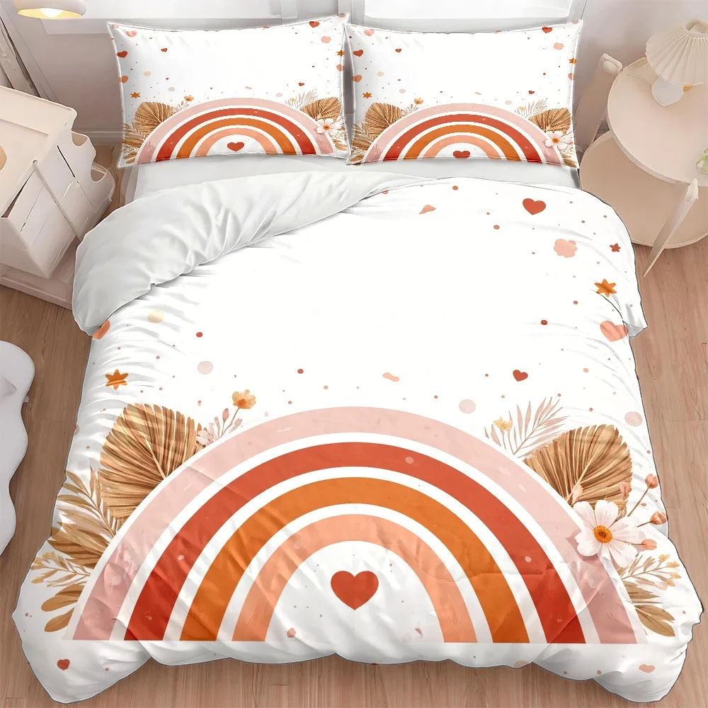 3Pc Nordic Style Rainbow Heart Flower Duvet Cover Set, Three-Piece Bedding Set (1*Duvet Cover + 2*Pillowcases), Suitable for All Seasons, Machine Washable, Invisible Zipper Double Bed Cover, Suitable for Home, Dormitory, Master Bedroom, Guest Room, Ins-Style Artistic Fresh Bedding Set, Large Brushed Fabric Skin-Friendly Duvet Cover, Tropical Plant Print Bedding, Retro Warm-Toned Bedroom Bed Cover, Specially Designed for Comfort, Three-Piece Bedding Set, 2D Flat Print
