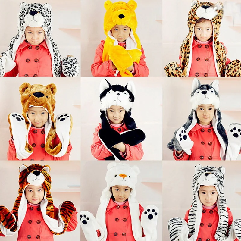 Women Girls Cute Animal Winter Hats 3 in 1 Warm Plush Hoodie Cap Paw Gloves Mitten Scarf Warm Hat 3in1 Set