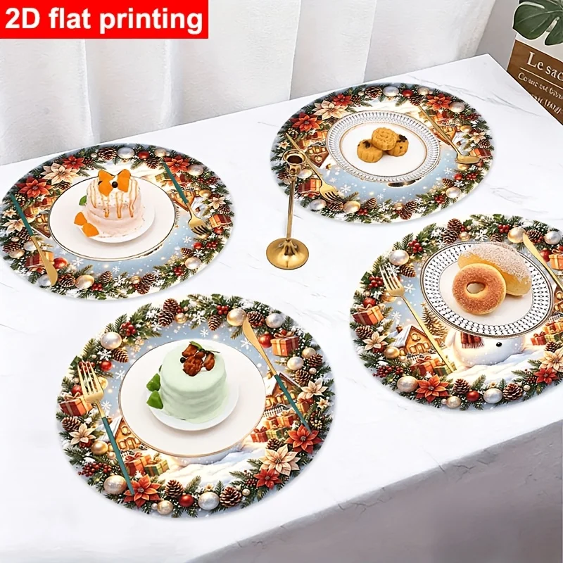 VIKAMA Snowman Cardinal Bird Round Placemat, Non Slip Washable Heat Resistant Table Mat, Vintage Christmas Winter Kitchen Decor