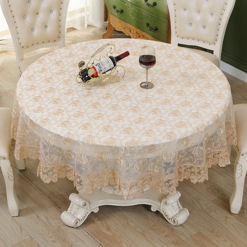 Table Cloth Beige Round Table Cover Embroidered Tablecloth Romantic Lace Europe Hollow Transparent Rose Flower Glass Yarn Cover