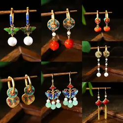 Ethnic Chinese Butterfly Flower Shape Earrings for Women Jade Bead Pearl Pendant Luxury Palace Jewelry Vintage Design Charm Gift