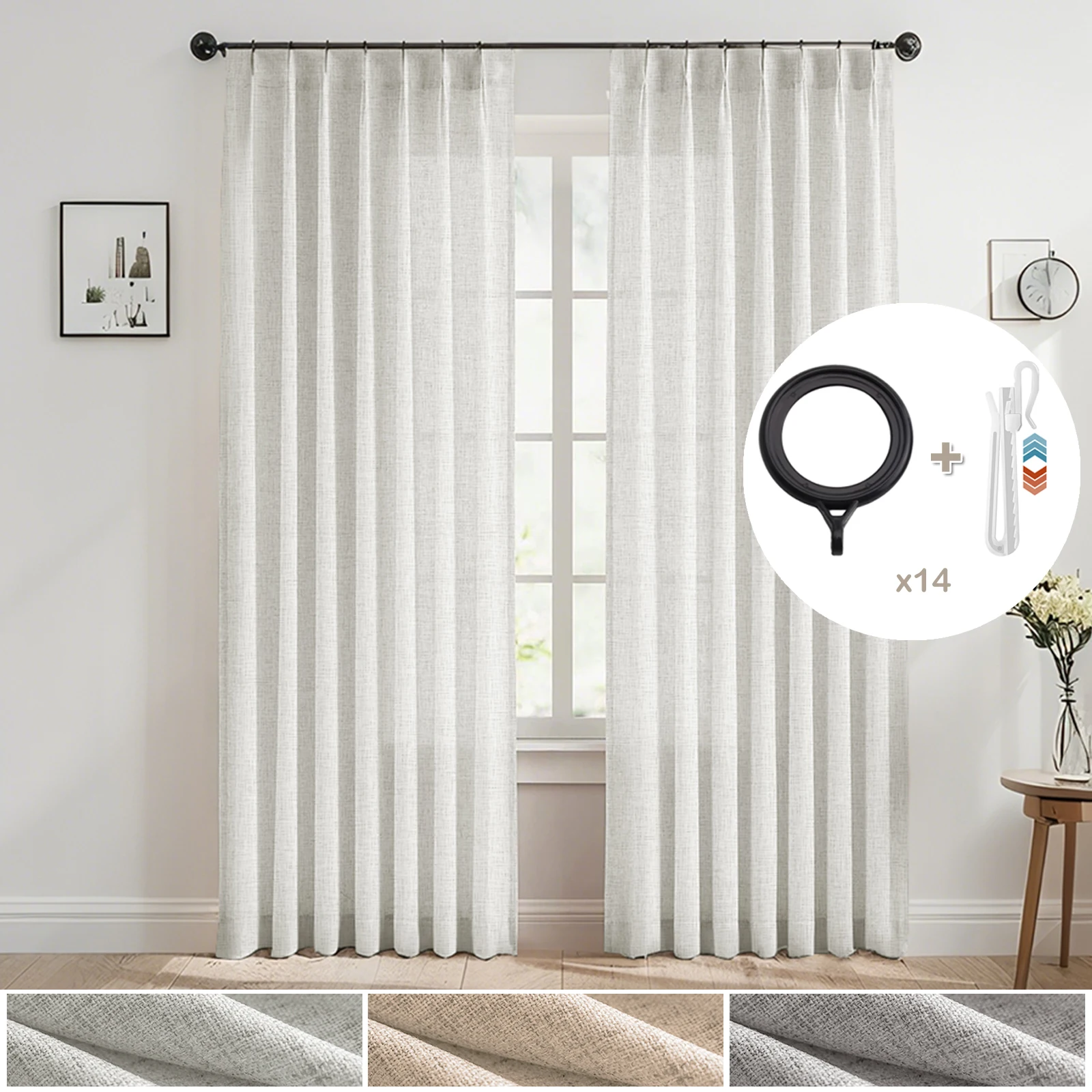 2-teilige Plissee-Vorhänge in Leinenoptik, Lichtfilternde Sichtschutz-Gardinen mit Verstellbaren Haken und Ringen, 100 cm Breite Vintage-Fenstervorhänge für Schlafzimmer und Wohnzimmer