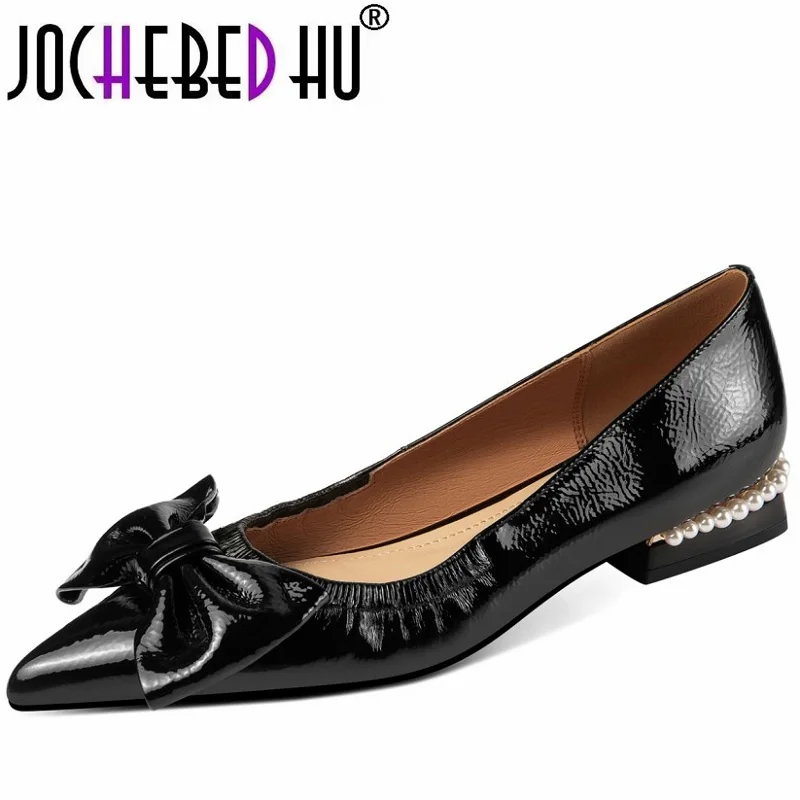 【JOCHEBED HU】 marka Bowtie pełne miękkie oryginalne skórzane wysokie obcasy Party damskie obcasy biurowe buty damskie 33-43