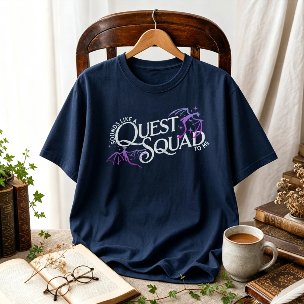 Quest Squad Purple Gradient Flying Dragons T-Shirt Fantasy Dragon Silhouette Graphic Tee Unisex Shirt Book Fandom Casual Tops