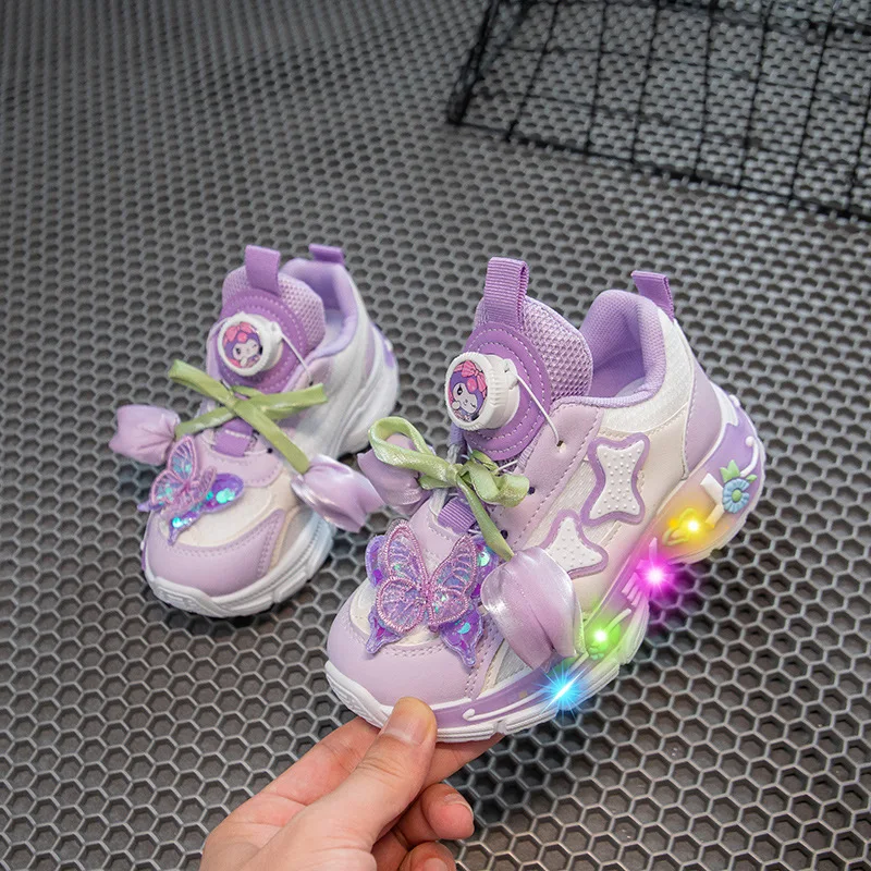 

2026 Spring New Girls Mesh Casual Shoes Kids Breathable Light Up Sneakers Rotating Button Shoes