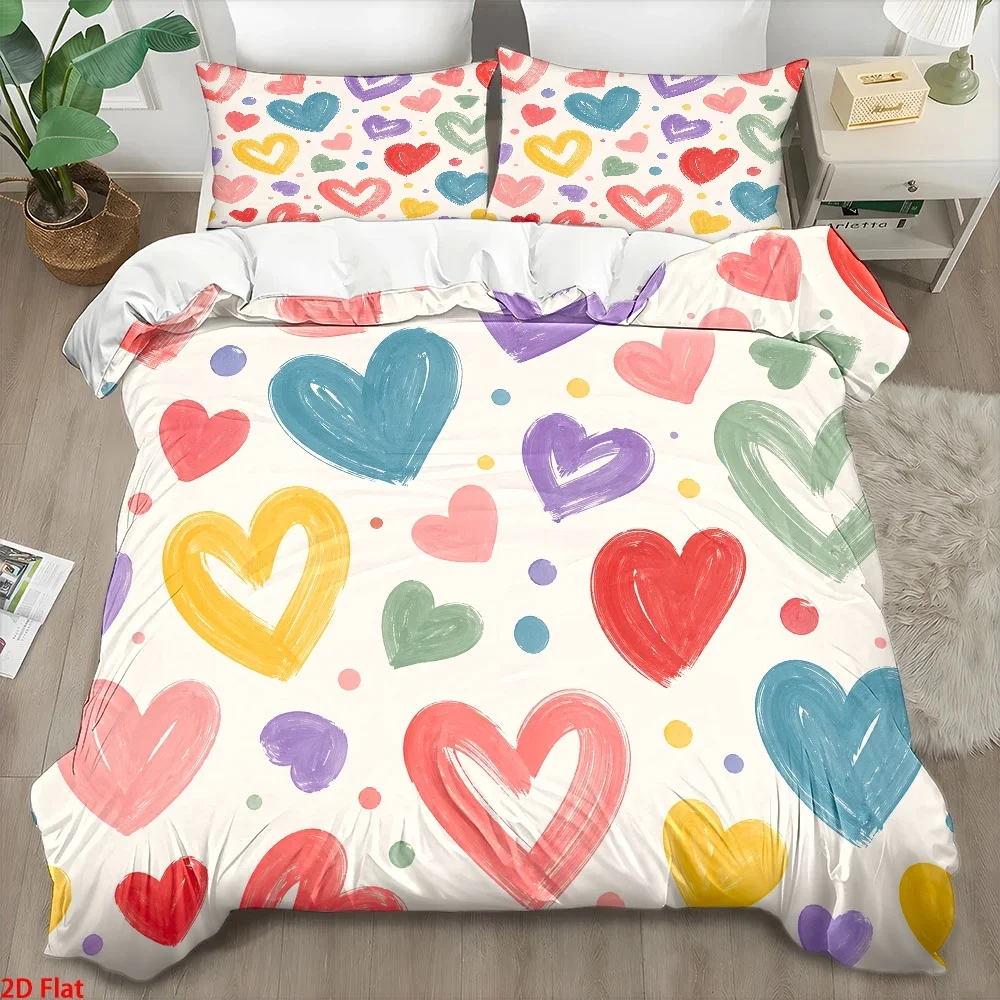 3-Piece E-Commerce Duvet Cover Set, Three-Piece Bedding Set (1 Duvet Cover + 2 Pillowcases), Suitable for All Seasons, Machine Washable, Large Invisible Zipper Bedspread, Suitable for Home, Dormitory, Master Bedroom, Guest Room, Fresh Heart-Shaped Graffiti Style Bedding Set, Soft, Skin-Friendly, Breathable Three-Piece Bedding Set, Popular Fashionable Bedroom Bedding Set with 2D Flat Print